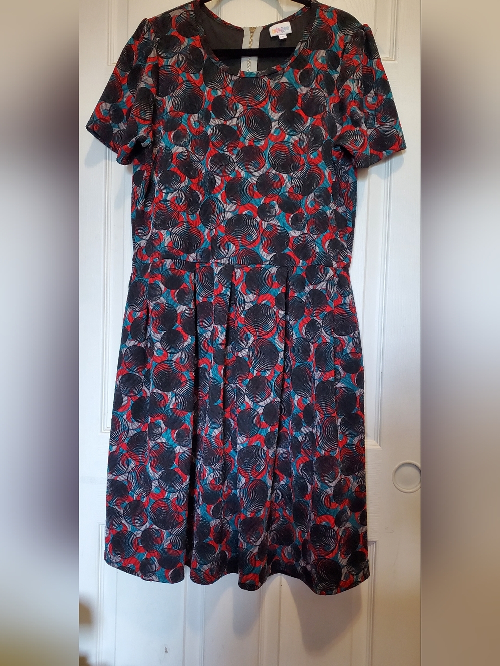 LuLaRoe Amelia Short Sleeve Midi Dress in Red, Black & Teal Print